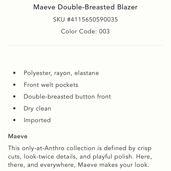 Maeve by Anthropologie Double-Breasted Blazer | NWOT | Size 12 - Picture 5 of 7